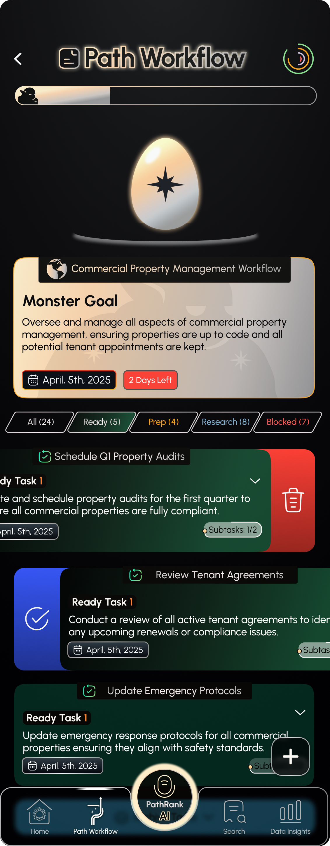PathRank Path Workflow showing a Monster Goal and its ranked Ready Tasks